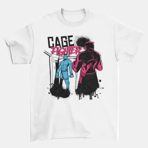 White t-shirt with 'Cage Fighter' graphic design featuring two figures in blue and pink on a white background.